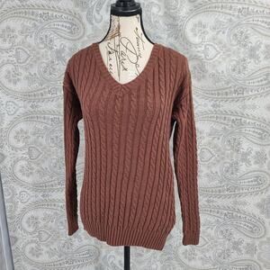 BP cable knit v neck Fisherman tunic length sweater Brown sz XS preppy cozycore